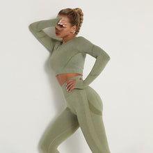 Load image into Gallery viewer, Seamless Long Sleeve Crop top &amp; High Waist Leggings Athleisure 2-Piece Suit
